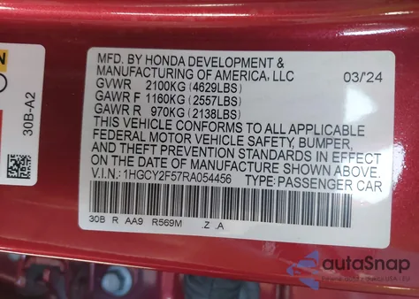 2024 Honda Accord Hybrid Sport z USA, uszkodzony, nr VIN 1HGCY2F57RA054456